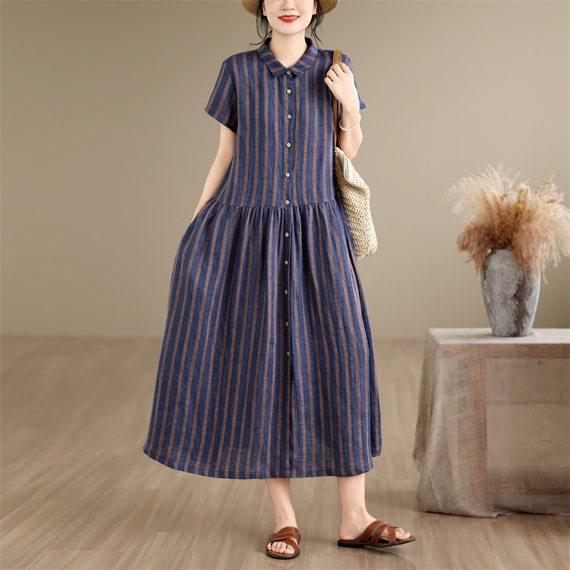 Casual Loose Linen Shirt Dress - Cotton Linen Stripe Pattern Mid-Length Loose