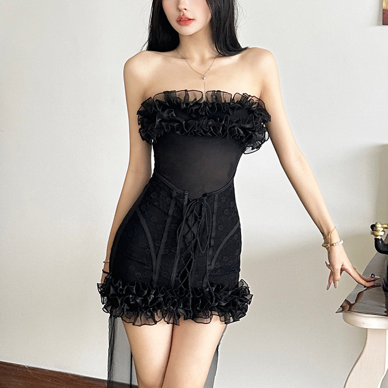 Sexy Mesh Sheer Bodycon Dress - Sexy Summer Lace Up Strapless Mesh