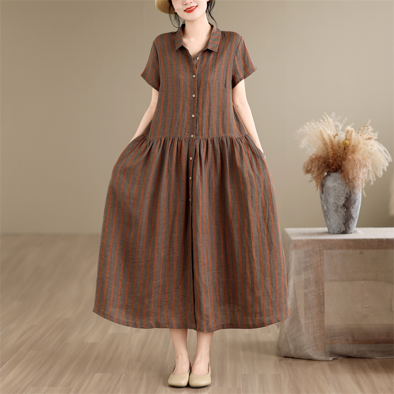 Cotton Linen Stripe Pattern Mi - Casual Loose Linen Shirt Dress review and price