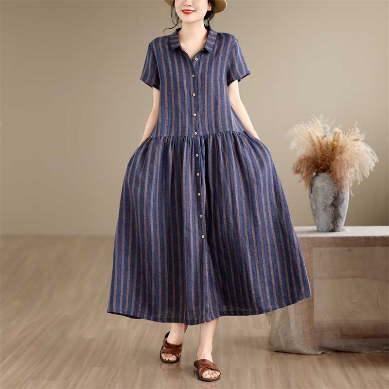 Cotton Linen Stripe Pattern Mi - Casual Loose Linen Shirt Dress review and price