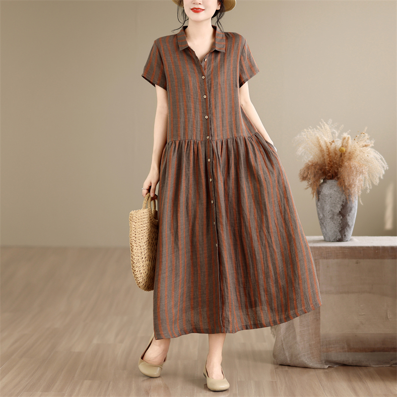 Cotton Linen Stripe Pattern Mi - Casual Loose Linen Shirt Dress review and price