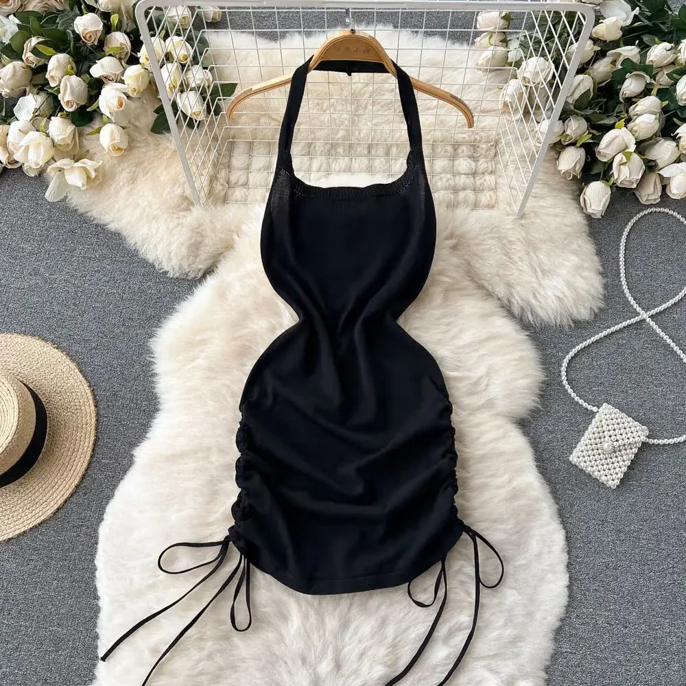 2024 Fashion Y2K Solid Knitted - Y2K Backless Halter Mini Dress review and price